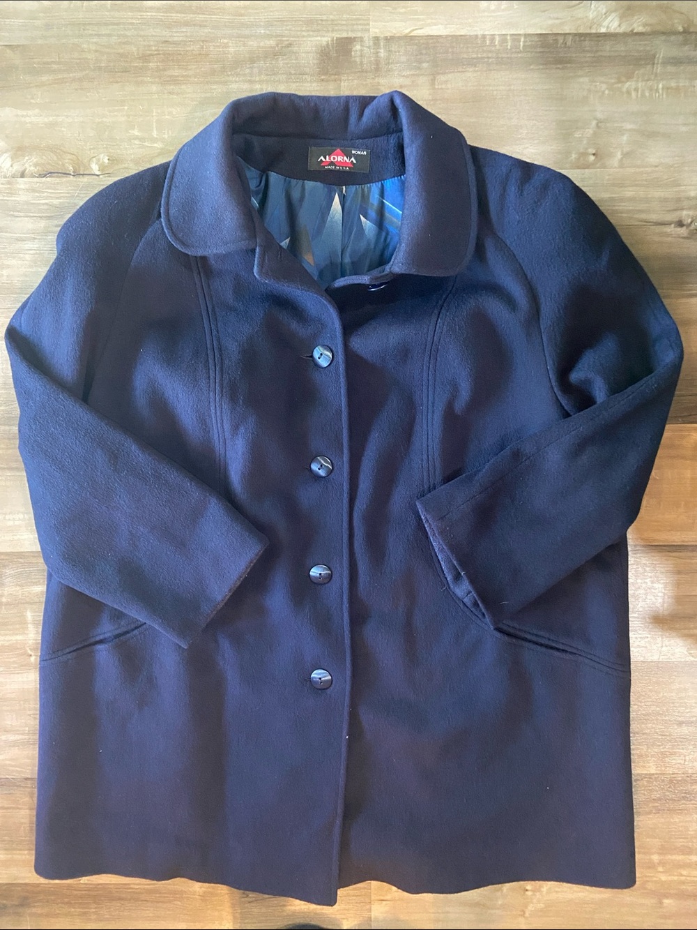 Alorna Vintage Navy Wool-Blend Pea Coat with Button Front